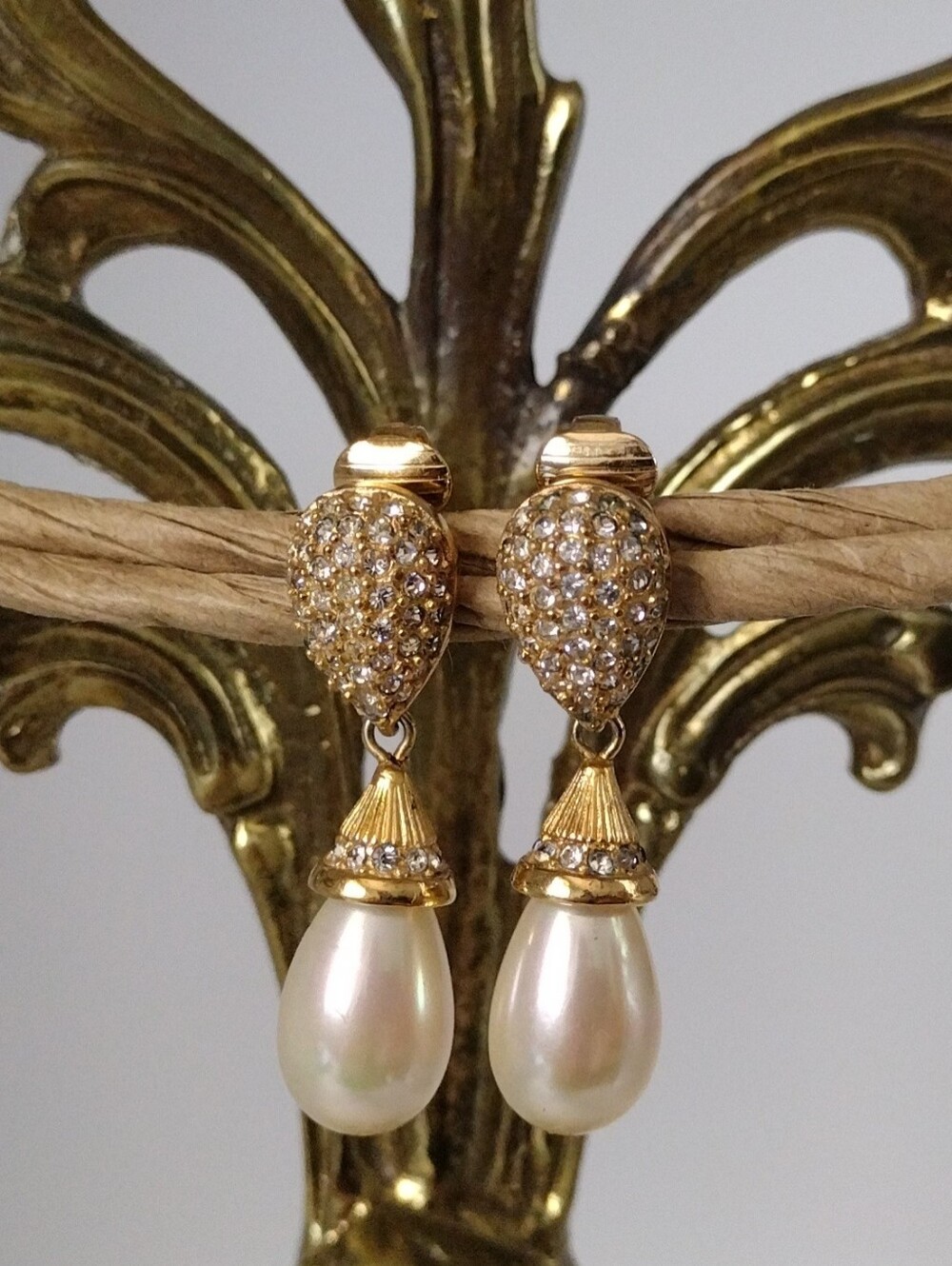 Christian Dior Germany Gold-Plated Pave Crystals Pearl Drop Clip Earrings